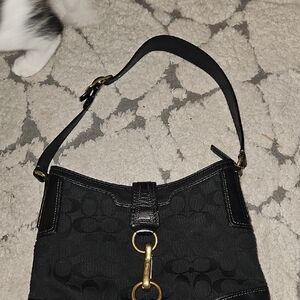 Coach Vintage Black Signature Canvas Shoulder Bag with Gold Hardware